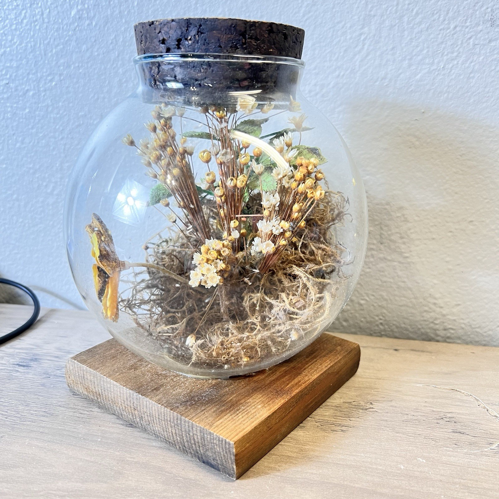 Vtg Leonard Creations Glass Terrarium Dome Dried Flowers Wood Base California