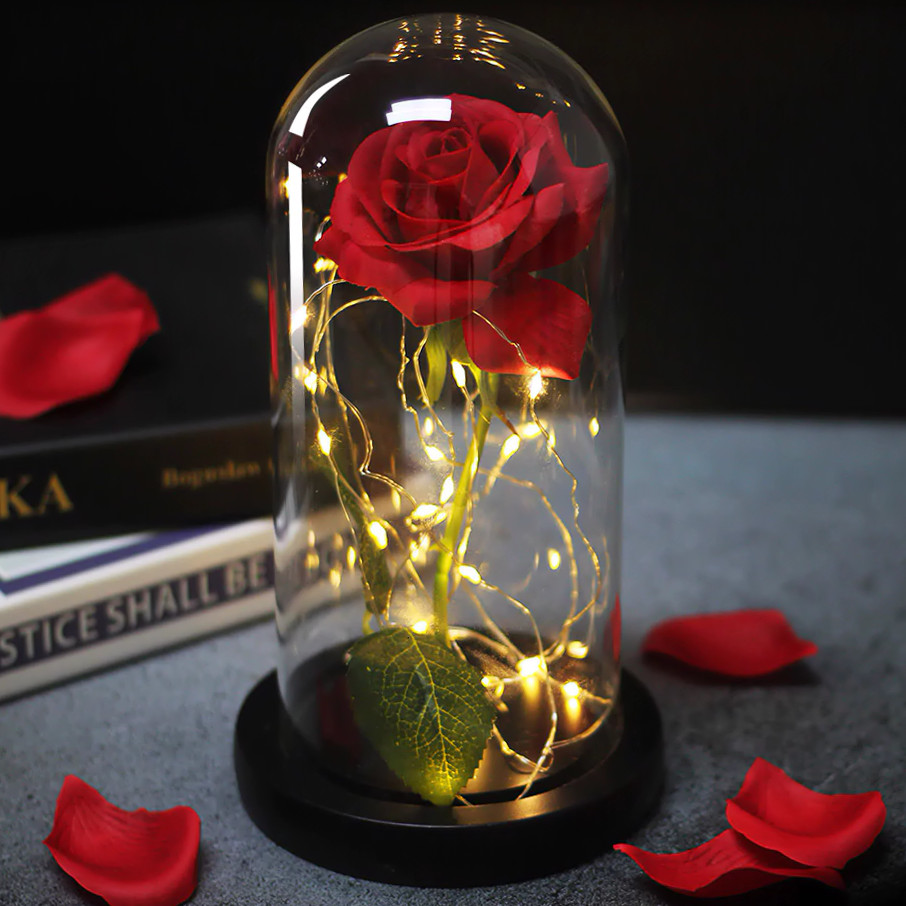 Red Rose In Crystal Clear Glass Dome with Soft White LED Lights – Color of Love