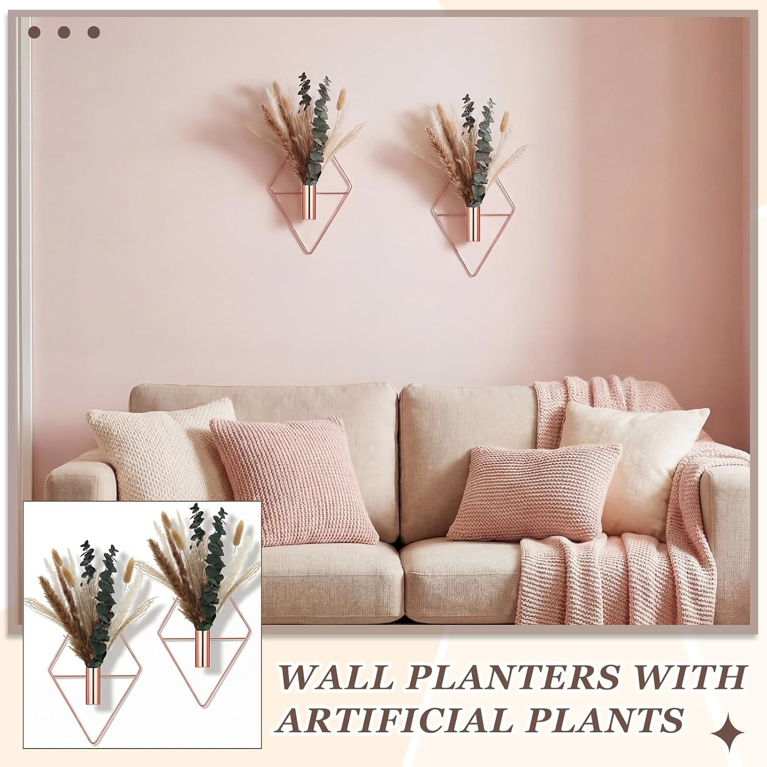 4 Pcs Hanging Planters with Artificial Pampas Rose Gold Metal Hanging Vase Indoo