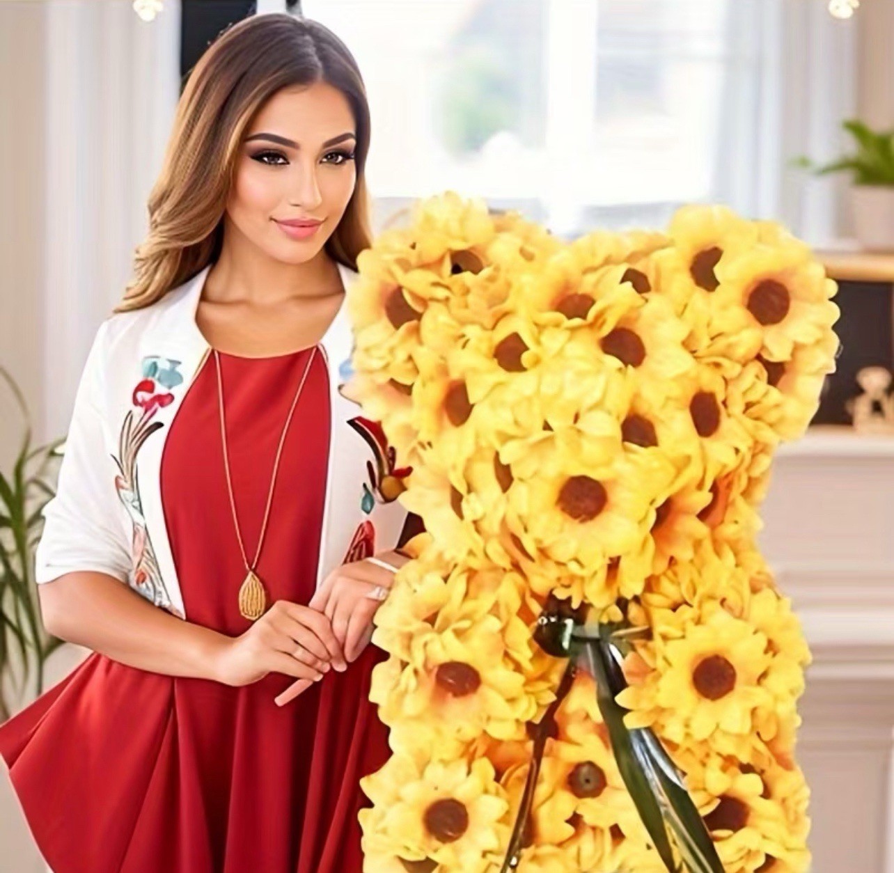 Sunflower Foam Bear – Artificial Sunflower Arrangement with Golden Ribbon