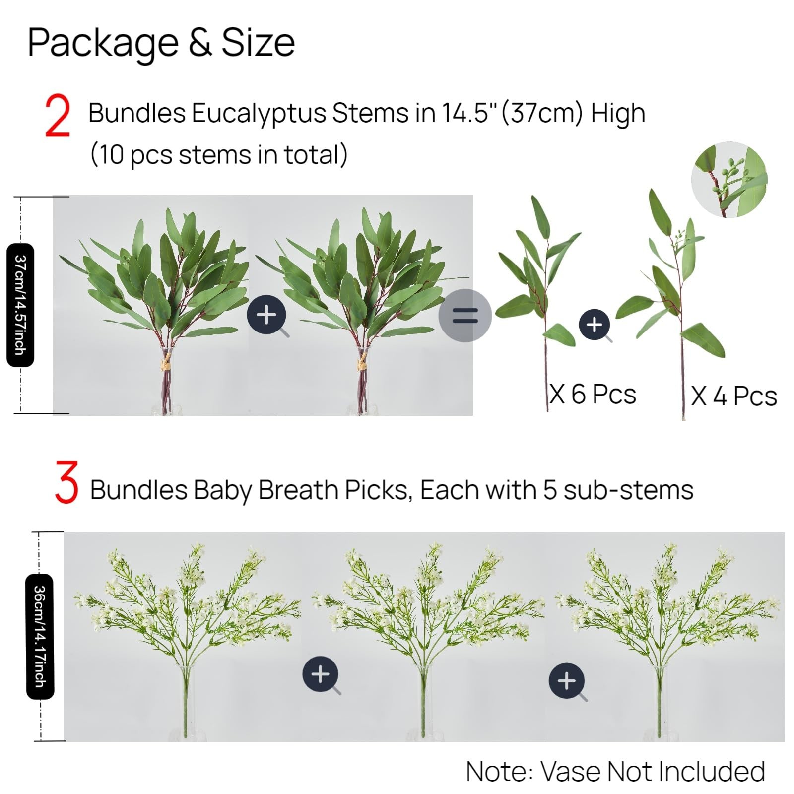 Baby’s Breath Artificial Flowers and Mixed Fake Eucalyptus Stems– Real Touch …