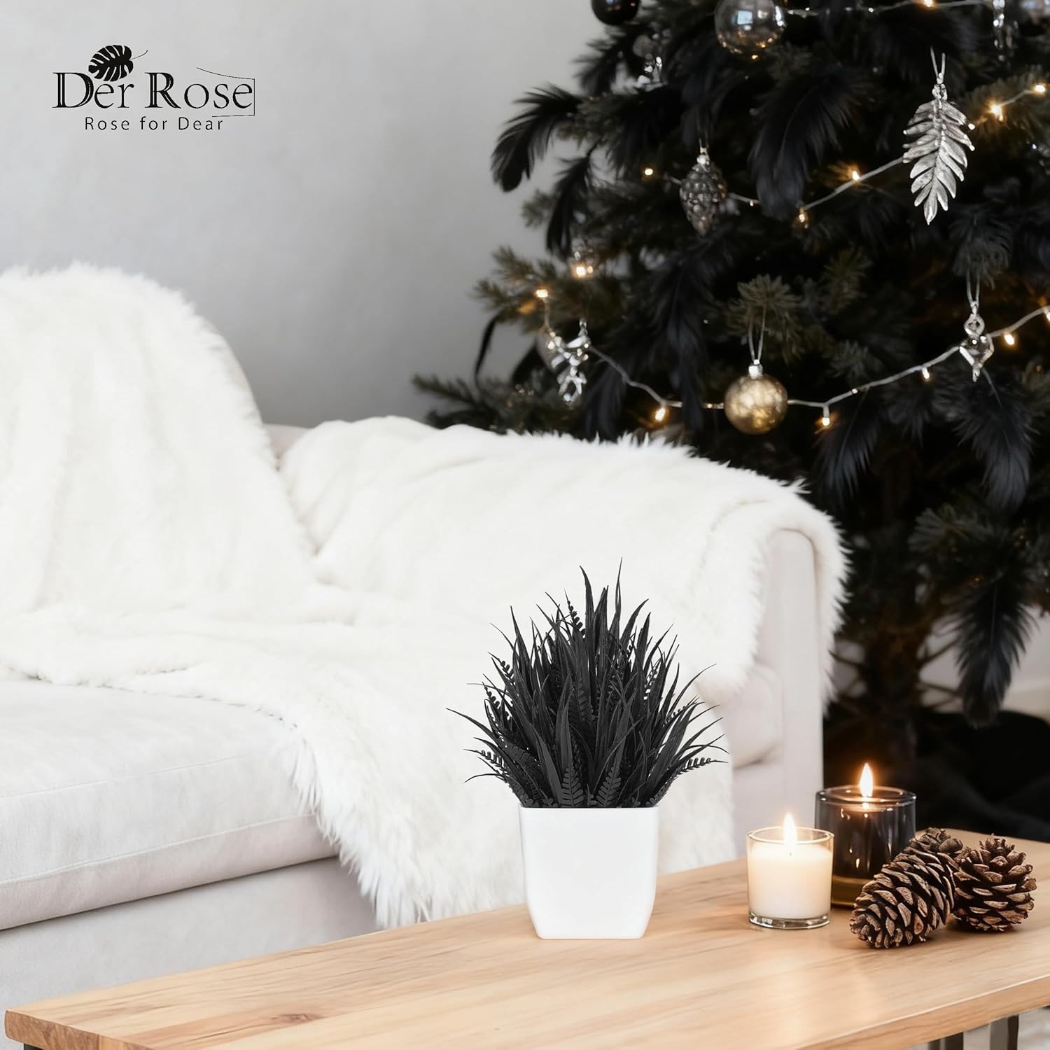 2 Pack Small Black Fake Plants Mini Artificial Potted Plants for Halloween De…