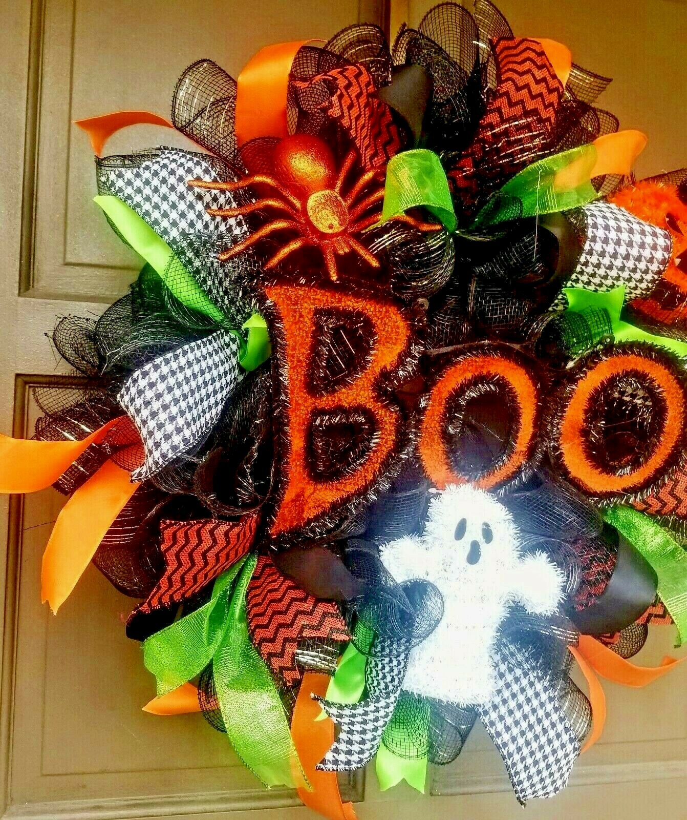 Halloween Wreath Front Door Decoration Large 24″ BOO Handmade Black Deco Mesh