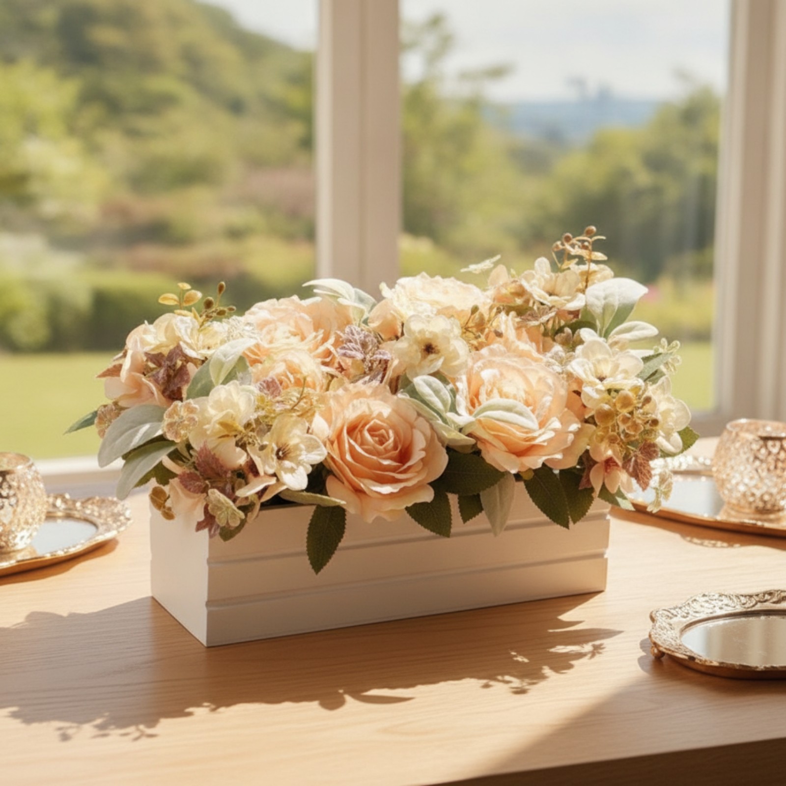 Flower Centerpiece with Wooden Planter Low-Height for Wedding Planners, Bride