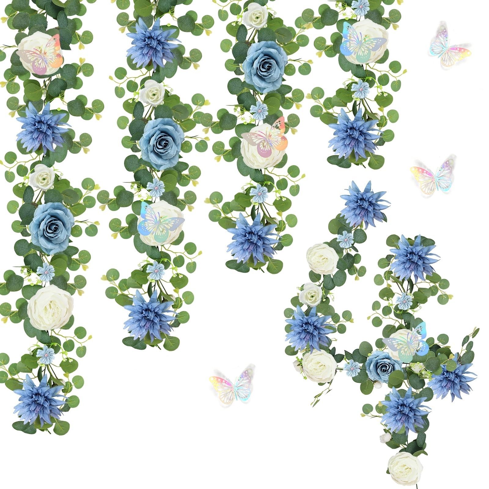 Eucalyptus Flower Garland 4-Pack – 5.9FT Faux Rose Greenery with Butterflies for