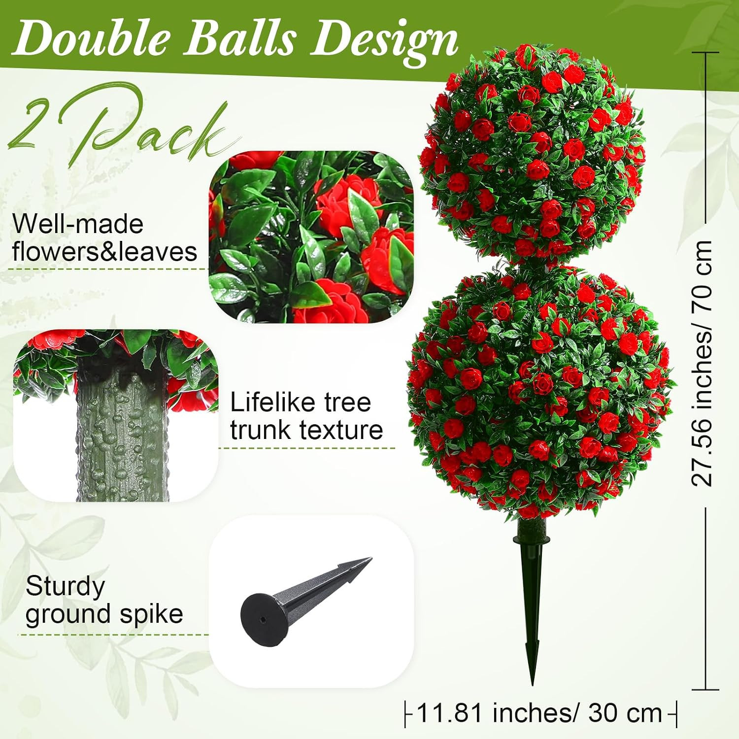 2 Pack 28 Inch Outdoor Artificial Rose Topiary Trees Double Ball with Flowers Fa