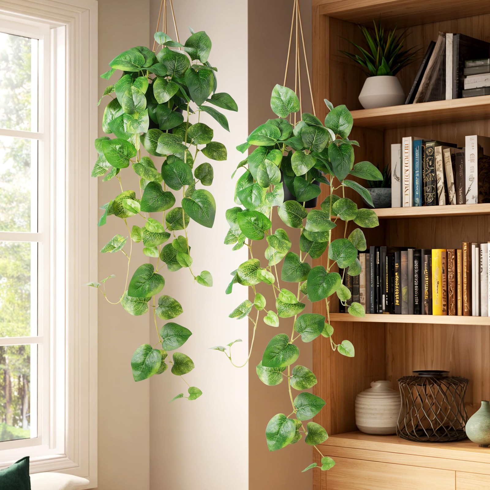 Fake Pothos Hanging Plant – Set of 2 Artificial Plants Indoor with Pots, Silk…