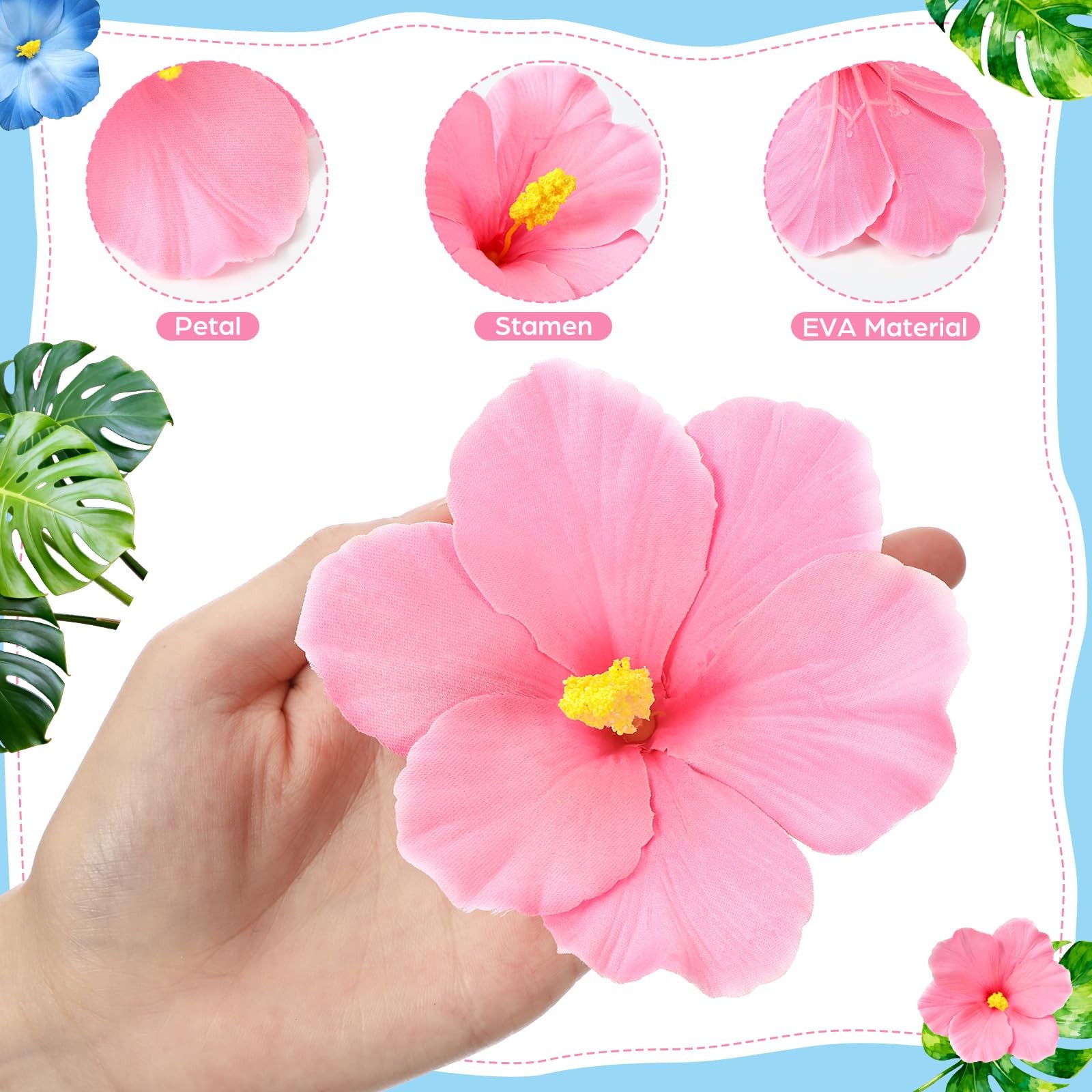 60 PCS Tropical Party Decorations Hibiscus Flower Palm Leaves Luau Table