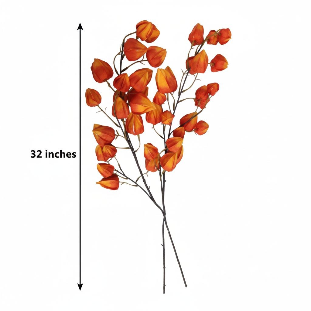 Artificial Orange Chinese Lantern Flower Stems Set of 2 Tall Faux Autumn Branche