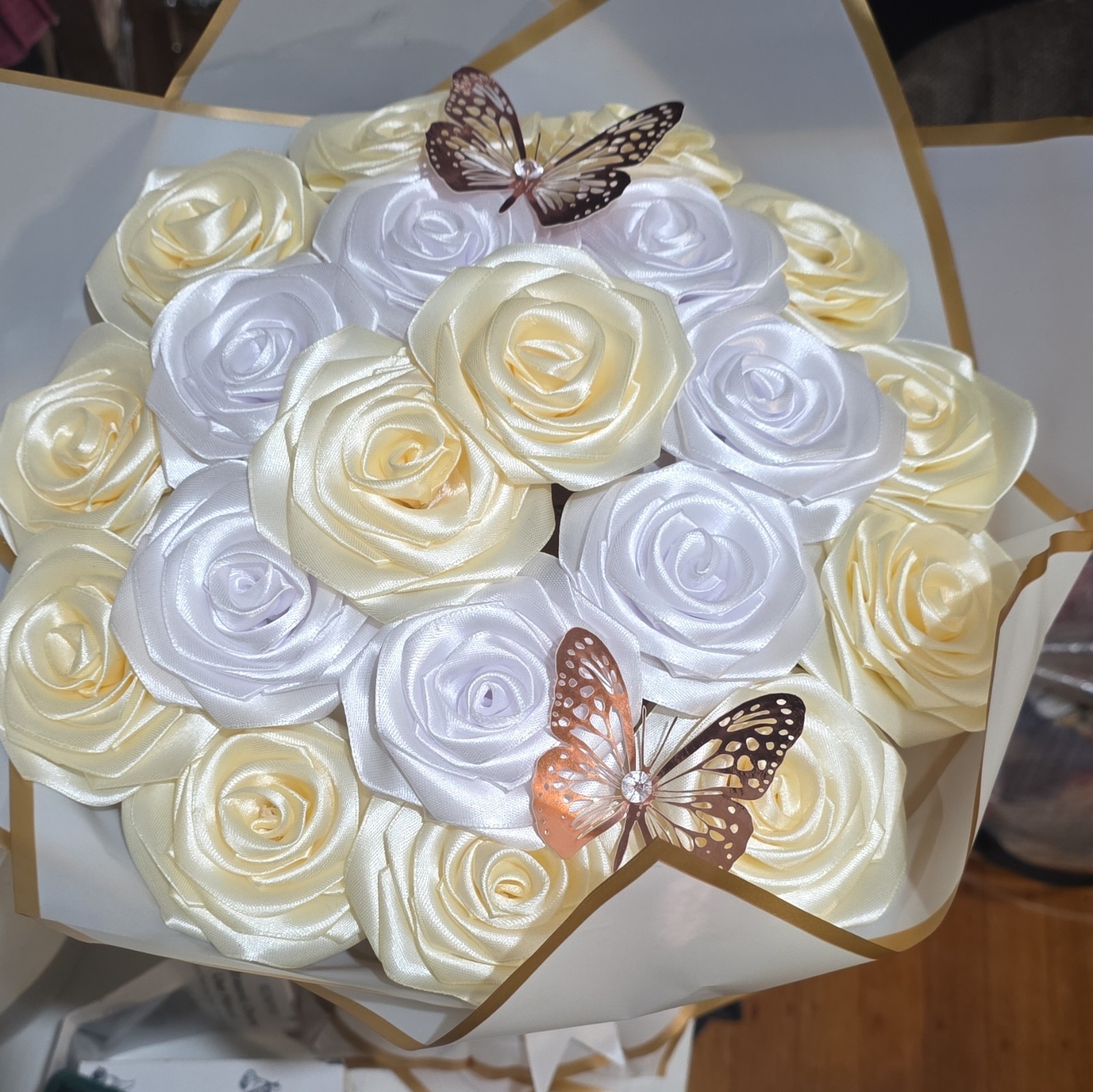 Artificial Rose Bouquet Arrangement White/Ivory/Gold w/ Butterflies 18in