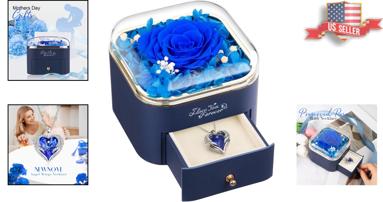 Stunning Blue Preserved Rose with Heart Necklace – Anniversary and Birthday Gift