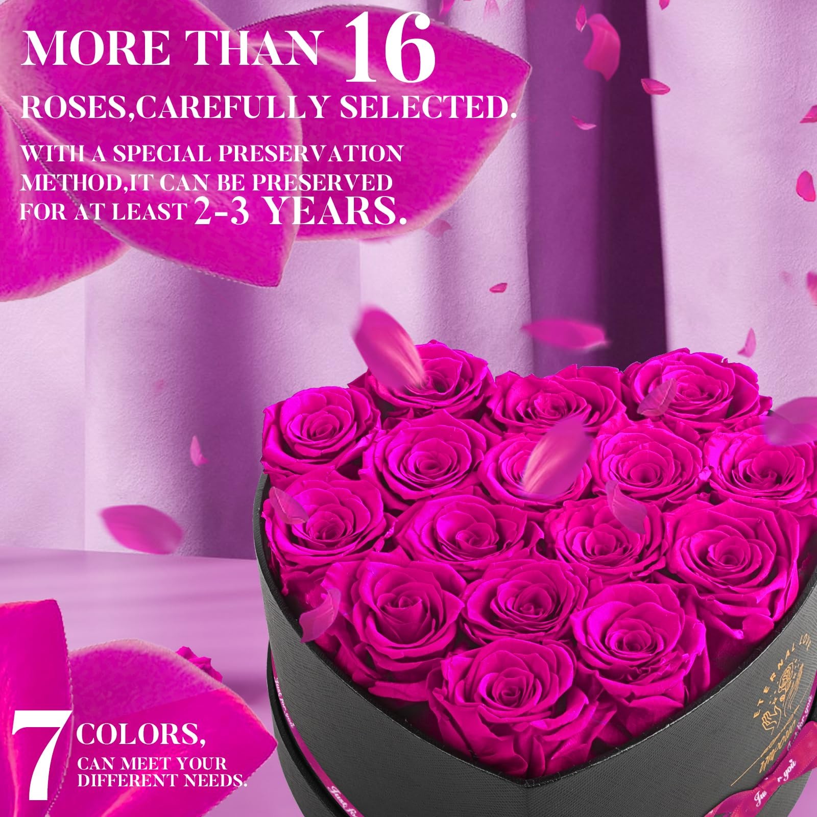 16 PCS Pink Preserved Roses Heart Shape Box Real Flowers Valentine Gift Decor