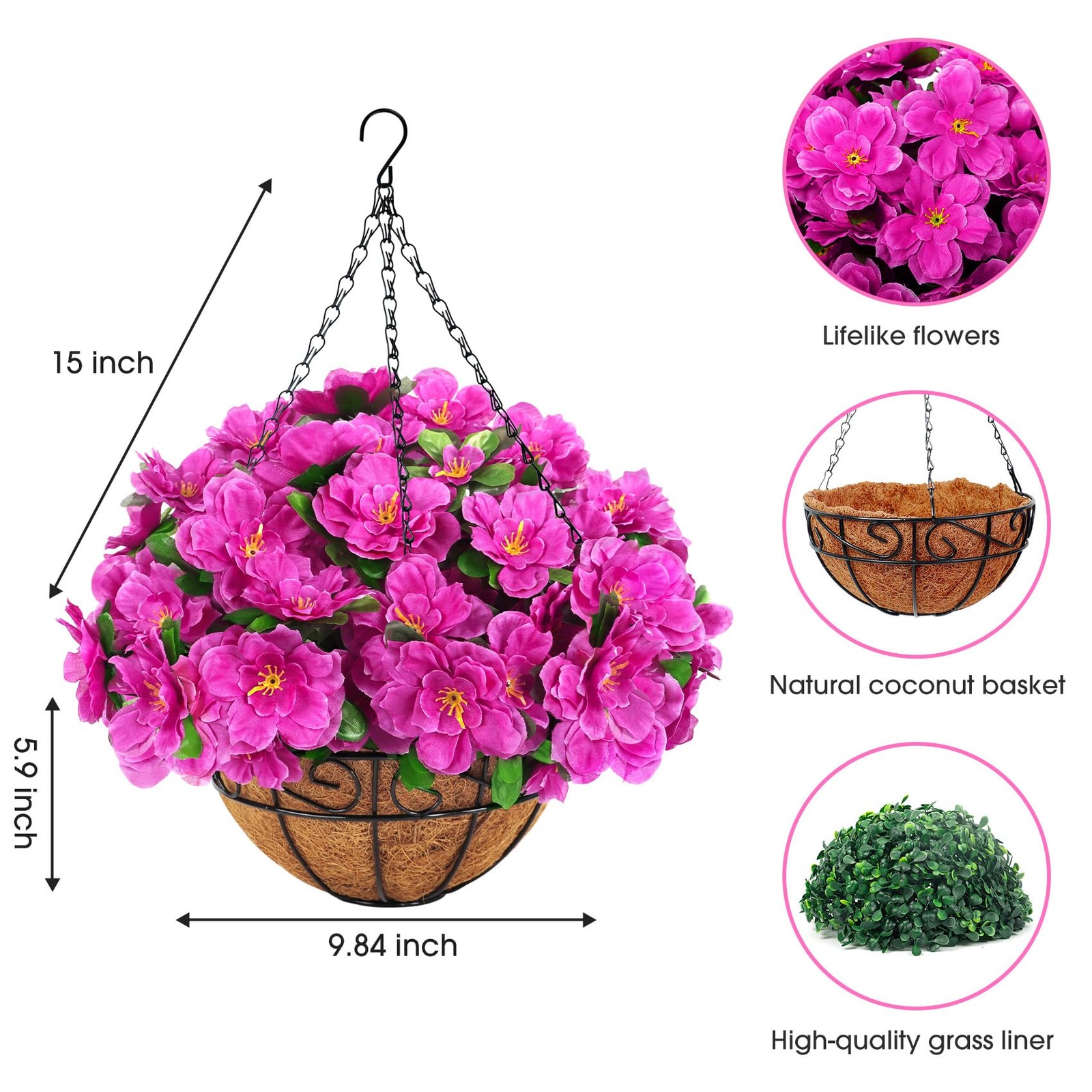 Artificial Hanging Flowers with Basket, Silk Azalea Flowers in Coconut Basket…