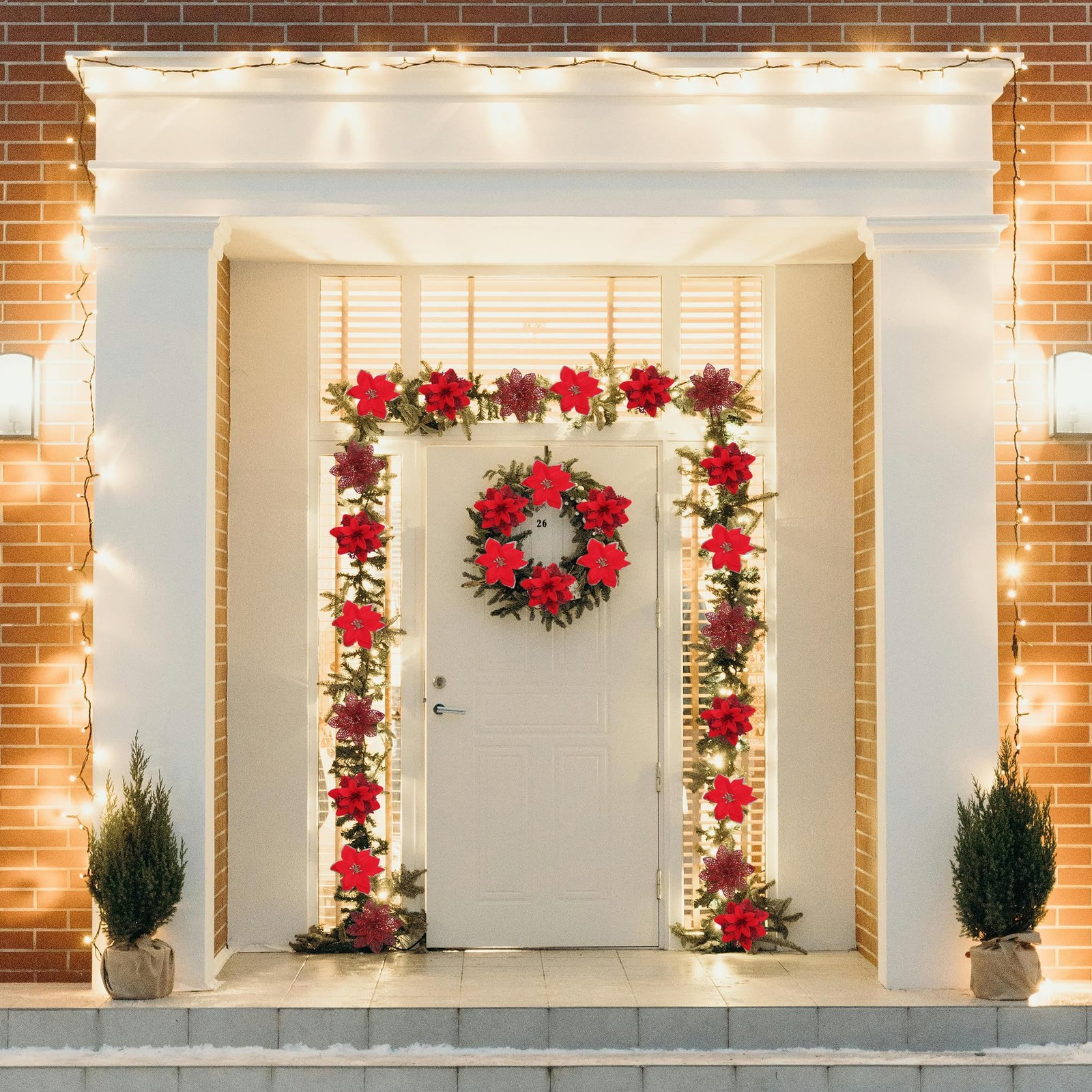48 Pcs Fake Poinsettia Glitter Flowers and Berry Stems Artificial Red Christm…