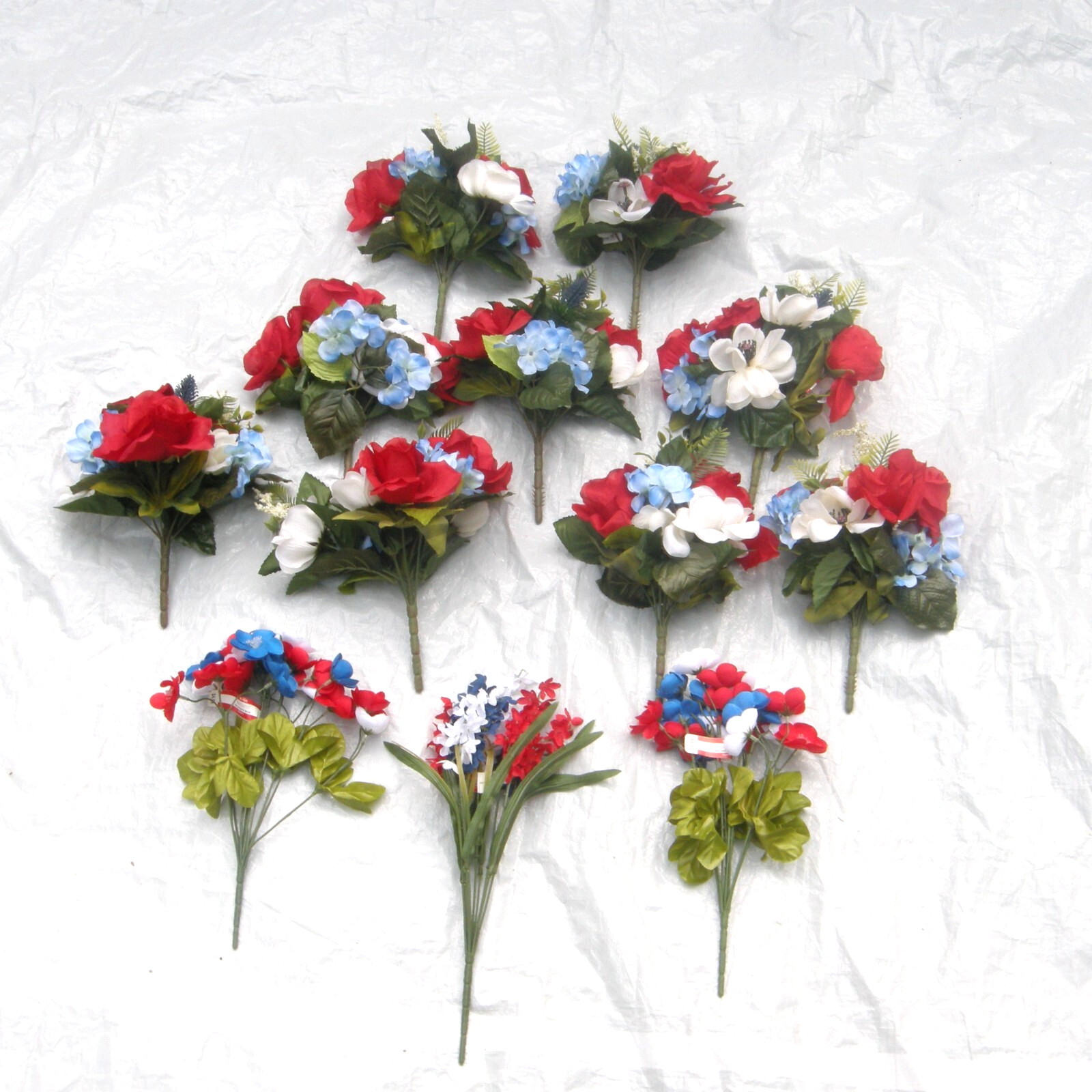 Silk Flower Lot of 12 Bushes 12″ Patriotic Red White Blue Florist Quality