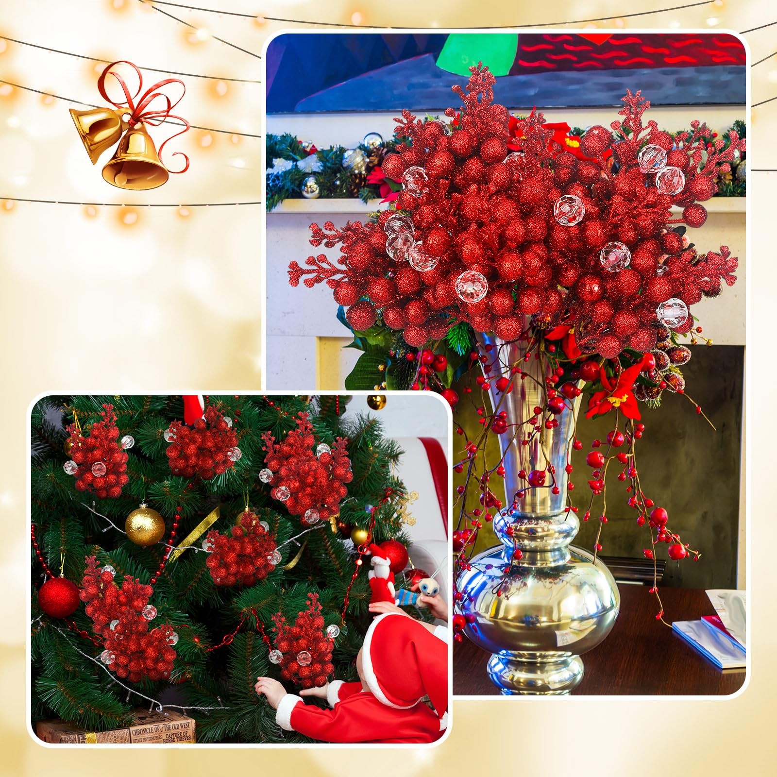 24 Pack Artificial Red Berry Stems Christmas Picks and Sprays Glitter Christm…