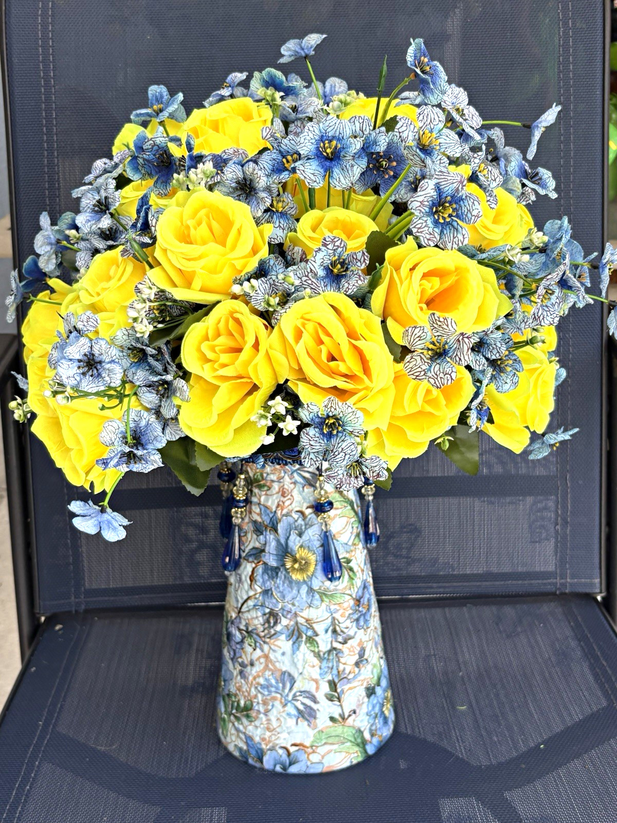 Artificial Yellow Rose & Blue Floral Arrangement & Centerpiece in Vase, Floral