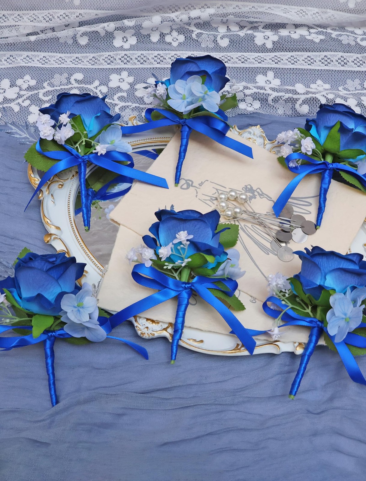 6 PCS Navy Blue Rose Artificial Flowers Boutonniere For Men Groom Wedding