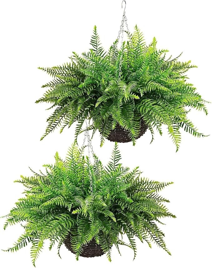 Artificial Hanging Ferns 2 Pack UV Resistant Outdoor Fake Boston Fern Bushes 26