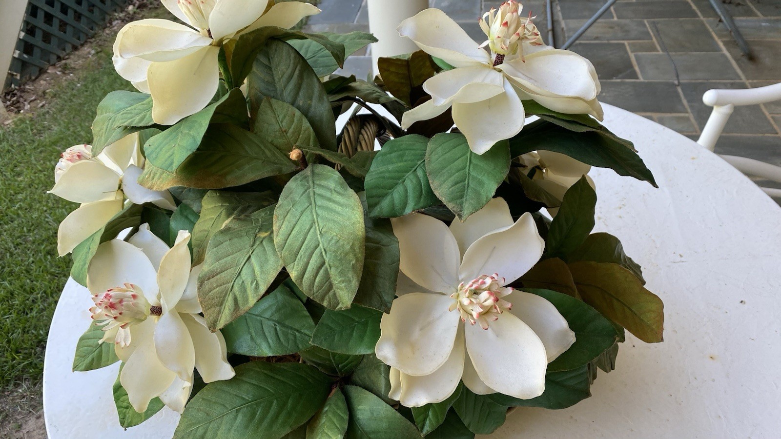 NDI Arrangement Large Basket Of Magnolias Vintage Approx 24”X20” Very Realistic