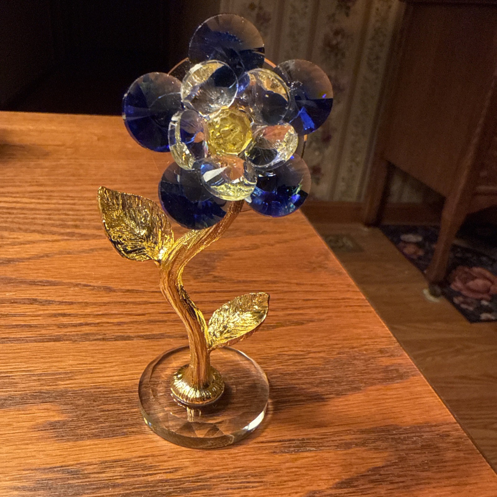 Unique Blue Crystal Plum Blossom Flower With Gold Leaves Figurine