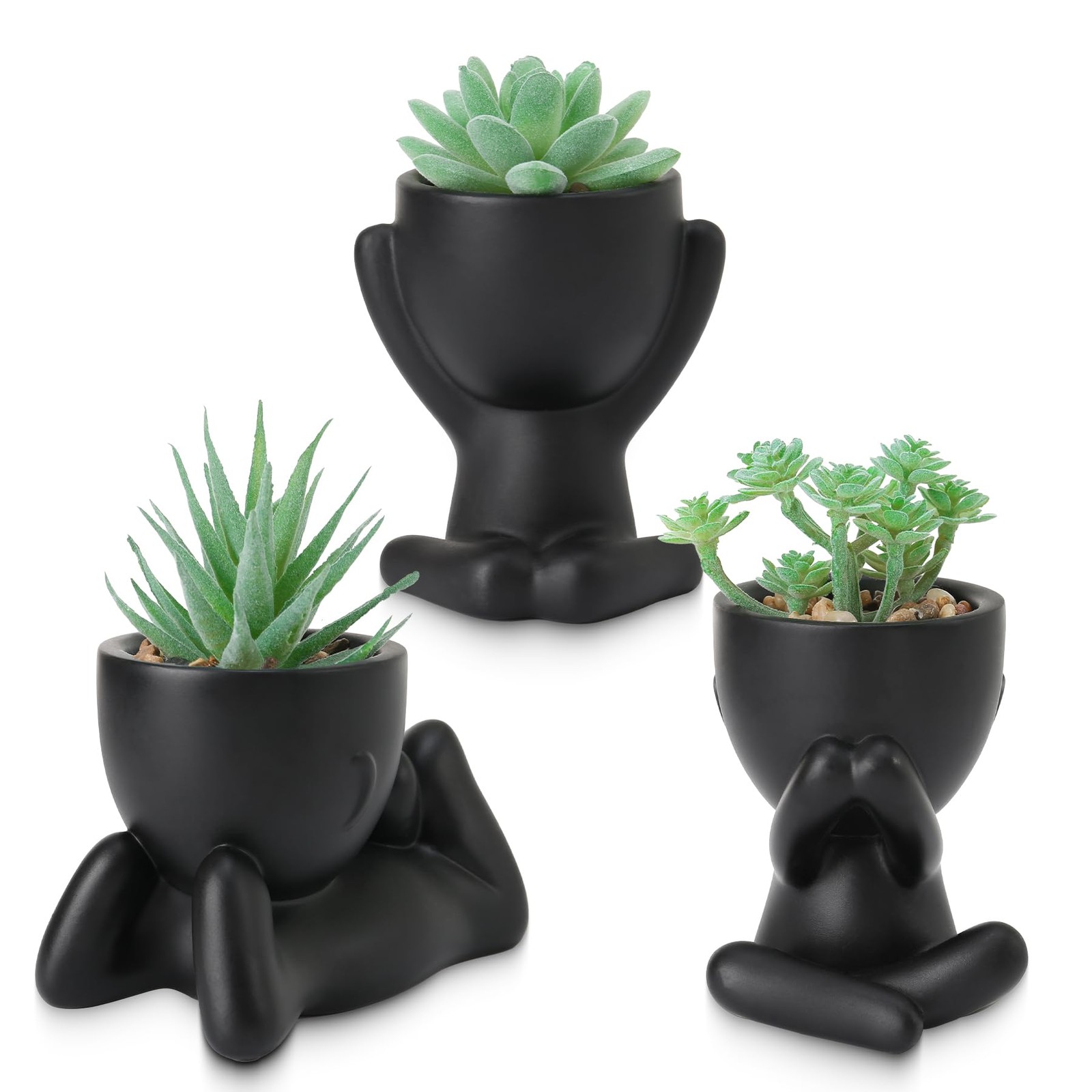 3 PCS Fake Green Succulents Plant Sets Plastic Artificial Indoor Small Potted