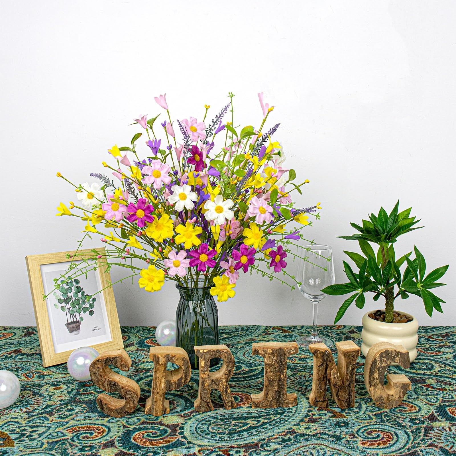 18 Pack Artificial Spring Flowers – 17″ Colorful Daisies & Forsythia Stems for A