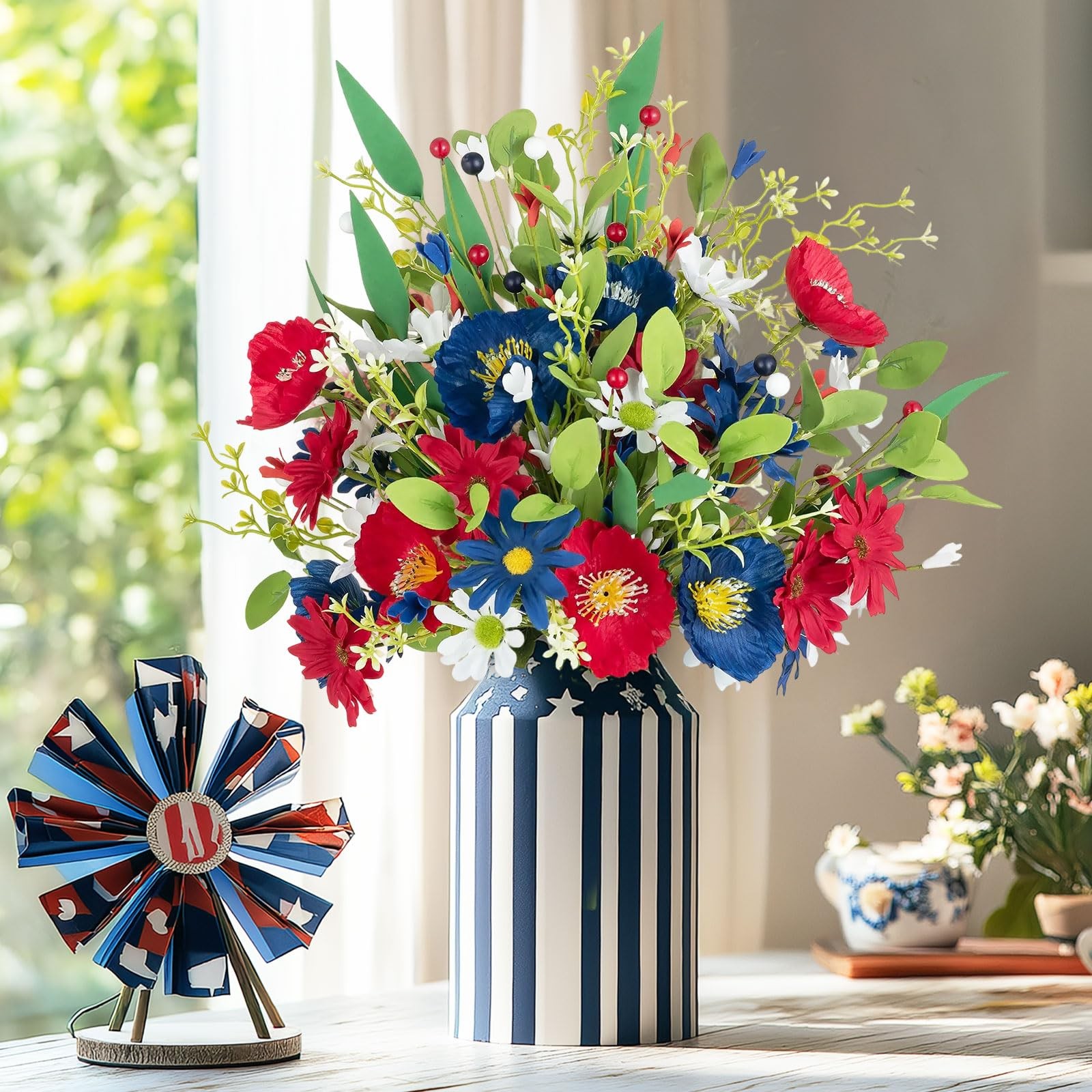 4 Bundle Red White Blue Artificial Flower Patriotic 4th Of July Bouquet Decor