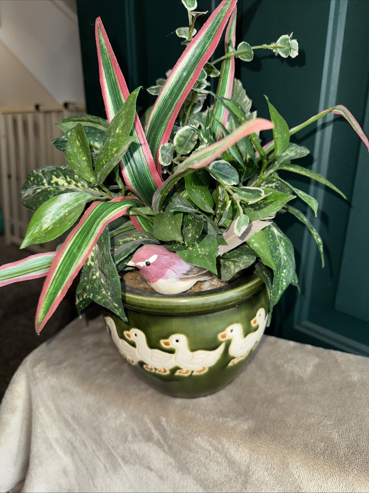 Vintage green ceramic pot featuring a pattern of ducks W/ Artificial Greenery