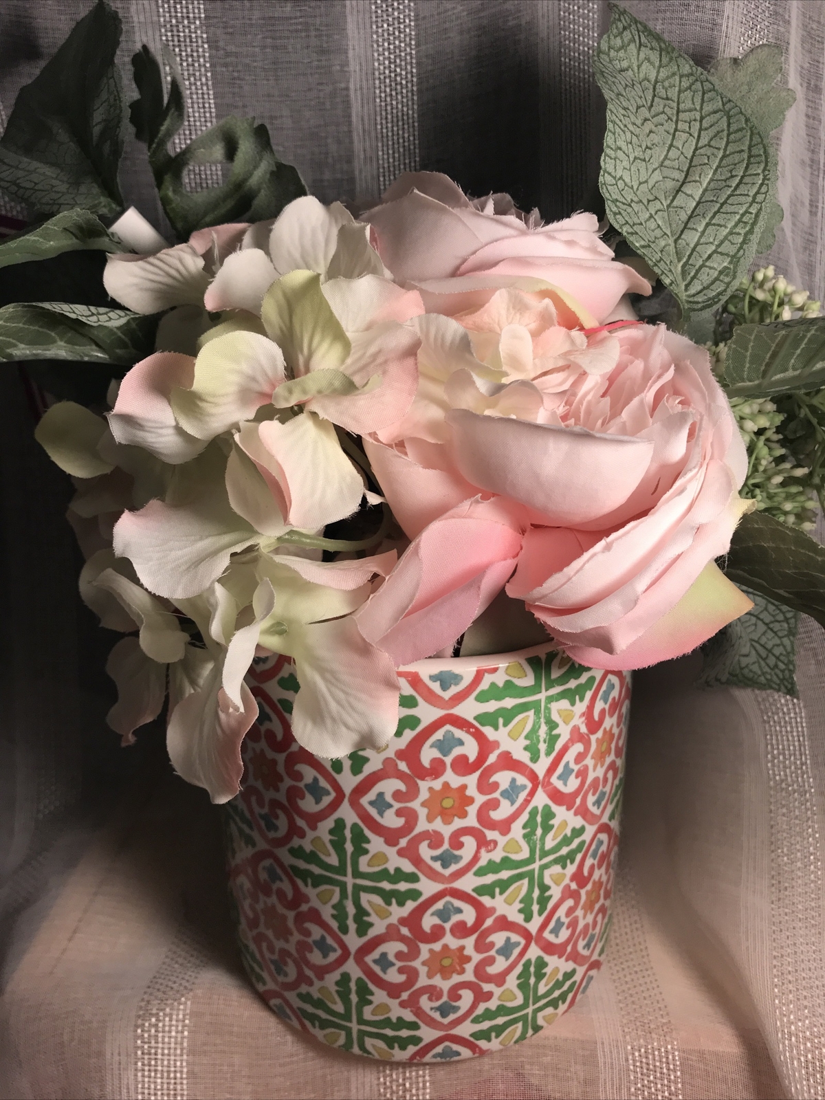 Faux Flower Centerpiece Ceramic Vase NWT Pink Cream Green Beautiful Floral Decor