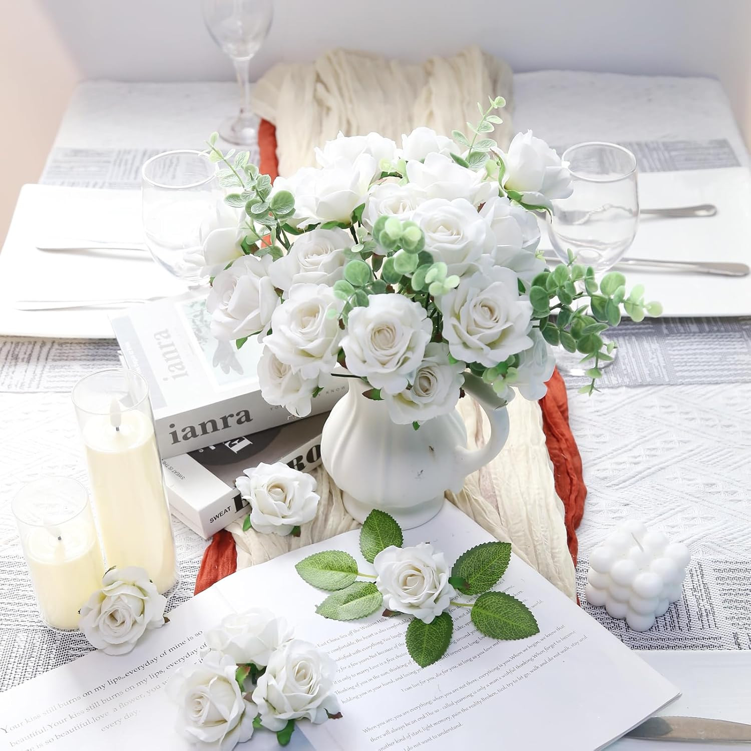 25pcs Roses Artificial Flowers 2.75in Fake White Rose Heads Real Looking Velvet