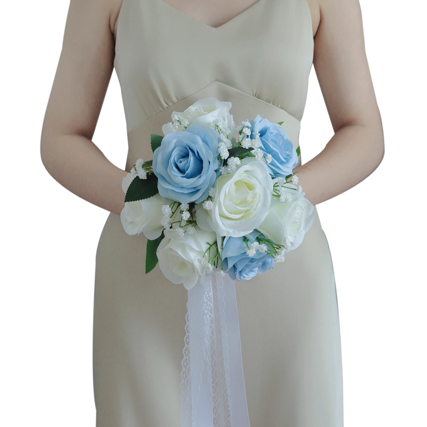 7 Inch Dusty Blue Ivory Baby Breath Artificial Rose Flower Wedding Bouquet
