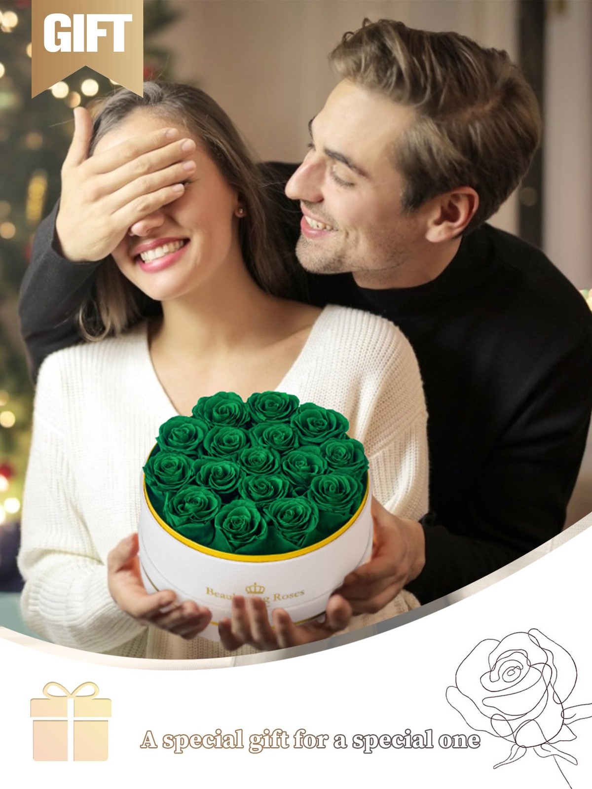 16 PCS Green Preserved Roses Forever Flowers Real In Box Birthday Delivery