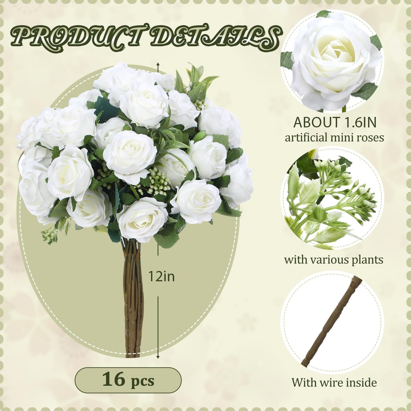16 PCS 12 Inch Artificial Mini Rose Bouquet 160 Heads Fake Silk Flower White