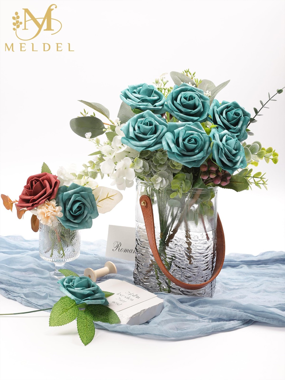 Artificial Flowers 25 Pack Dark Teal Faux Foam Roses with Stems, Real Looking…