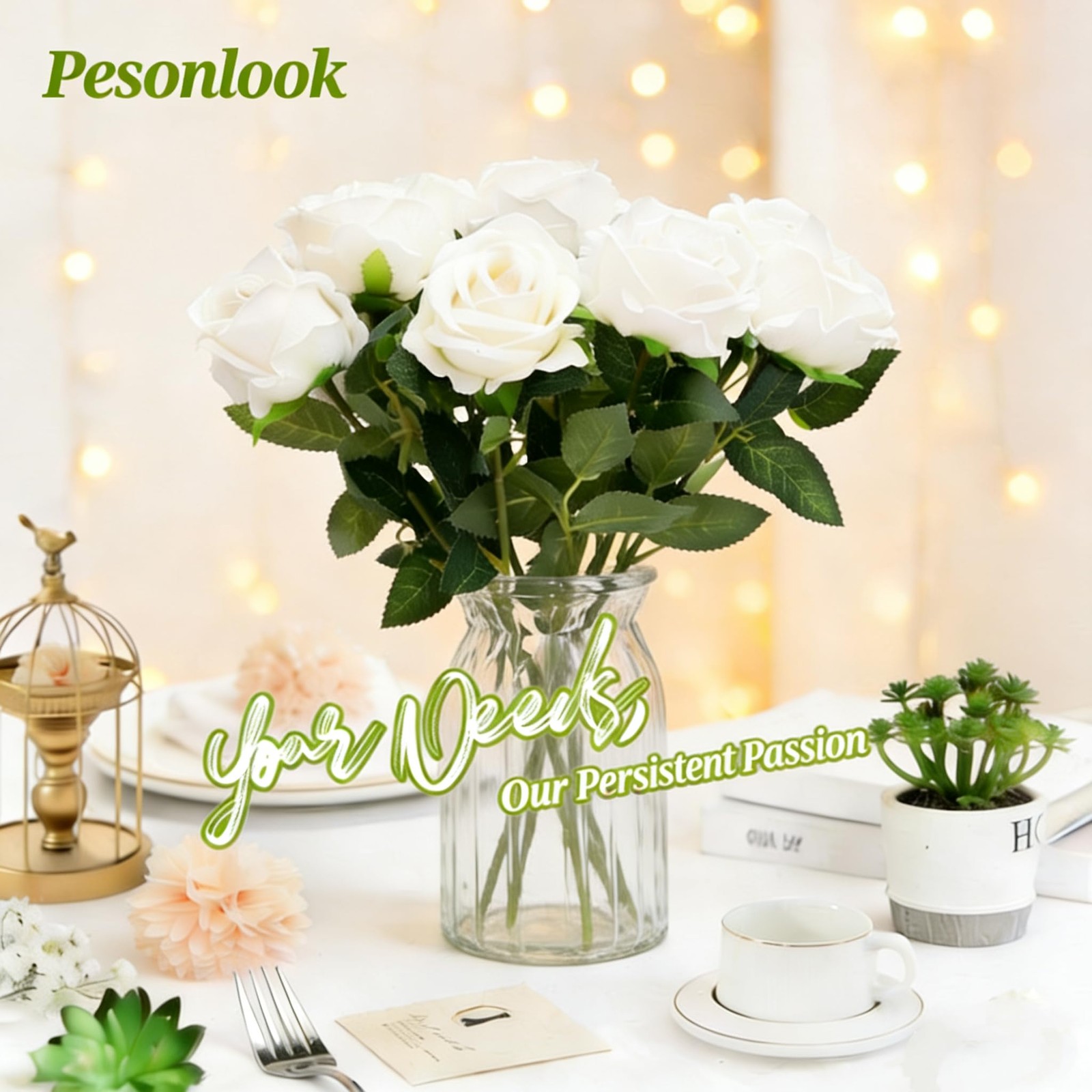 50 Pcs Artificial Roses Bulk, White Velvet Silk Rose Realistic Faux Artificia…