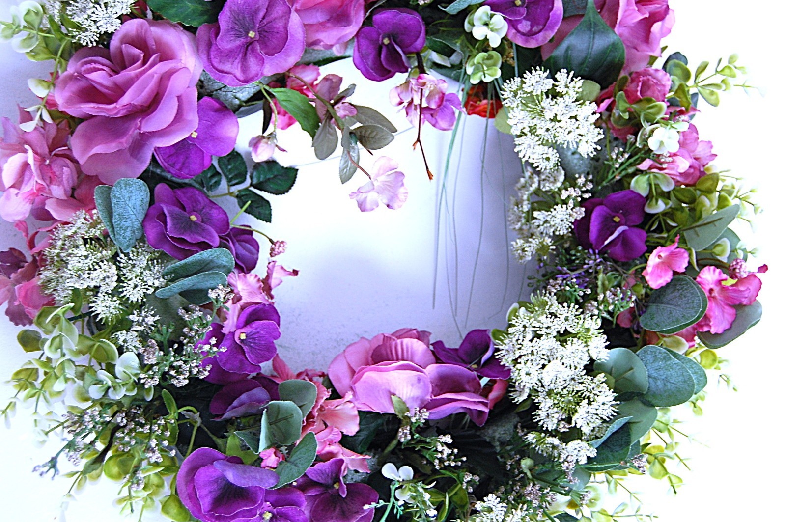 Queen Anne’s Lace Roses and Pansies Silk Floral Wreath- JaNice Botanicals