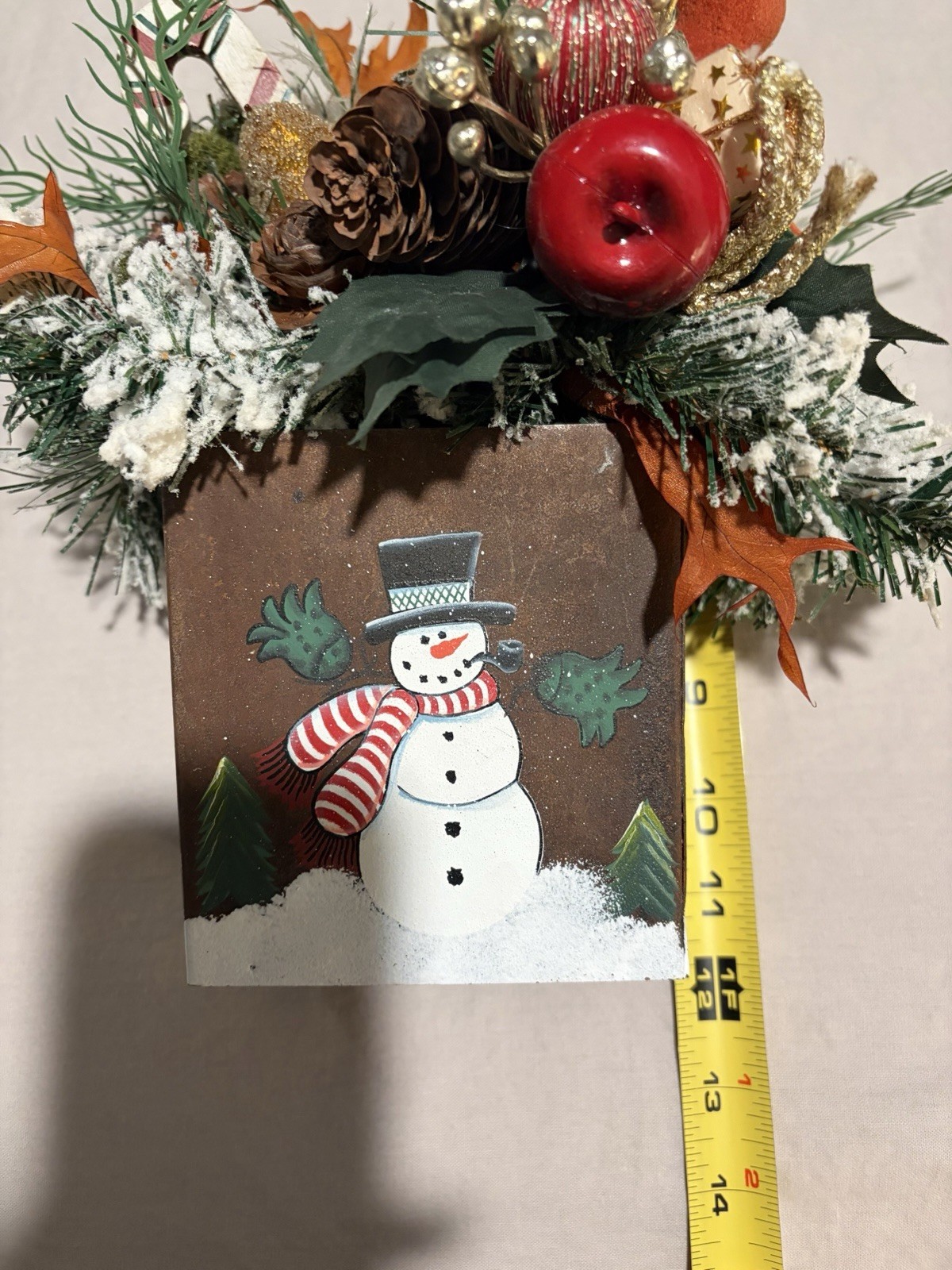 Painted Snowman Tin Bucket w Artificial Pine Table/Wall Arrangement ~Christmas