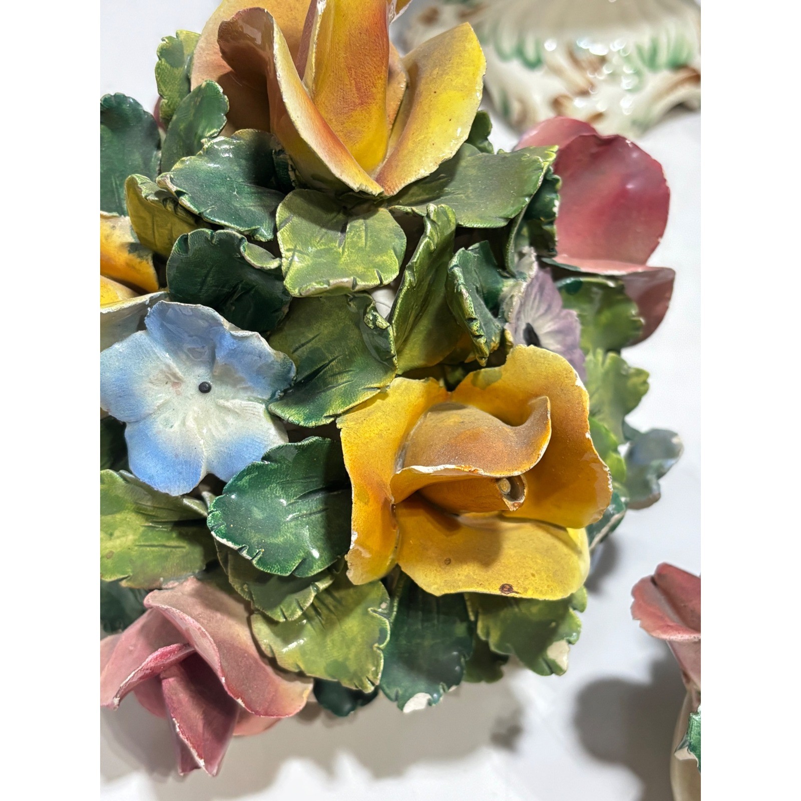 Vintage Capodimonte Italy Porcelain Lidded Urns Floral Bouquet Roses Set of 2