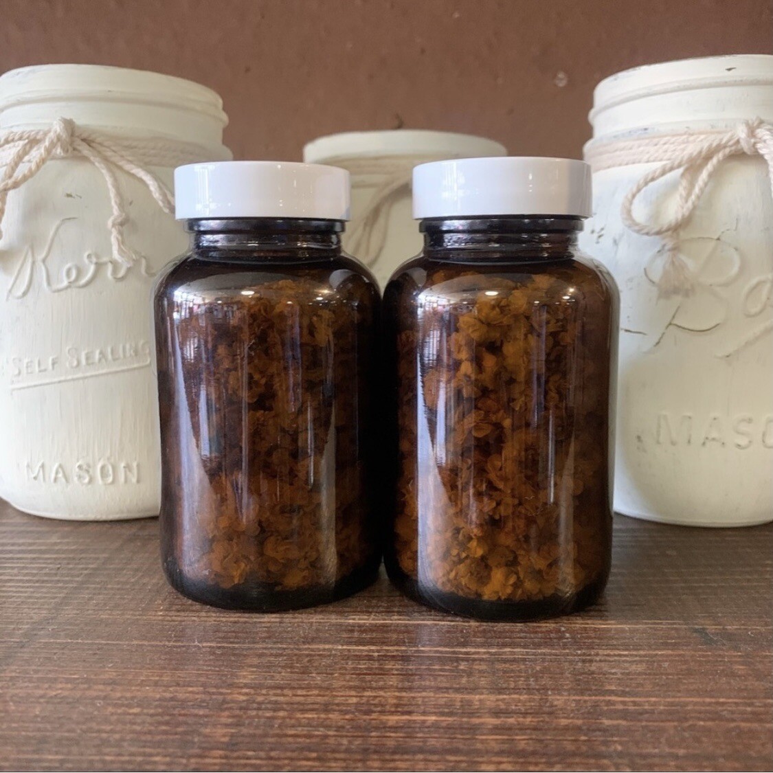 Handmade Floral Decor Centerpiece Amber Glass Bottle Dried Flowers Cottagecore