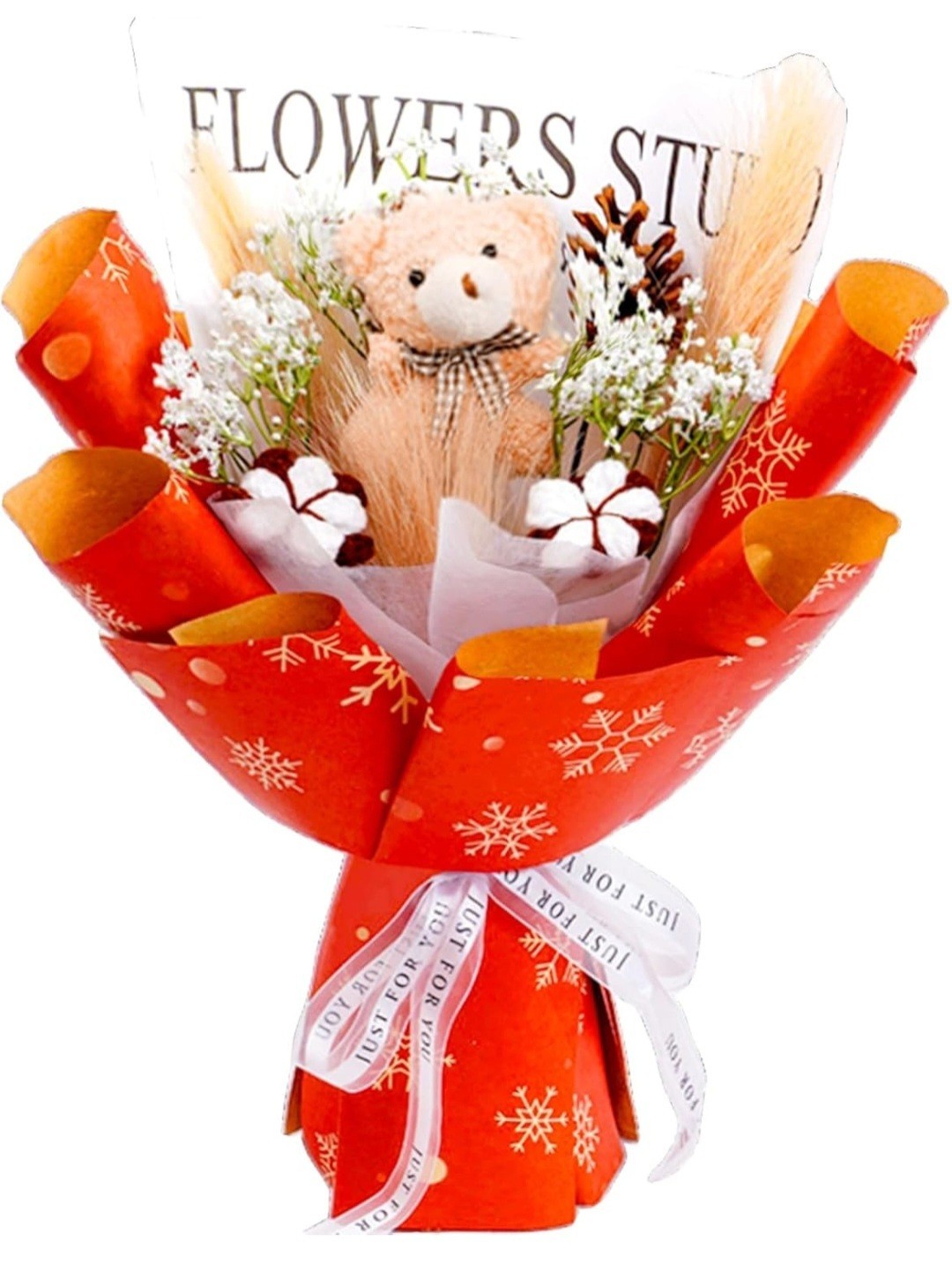 New! Flower Bouquet with Stuffed Bear, Flowers Gift, Exquisite Wrap & Bow