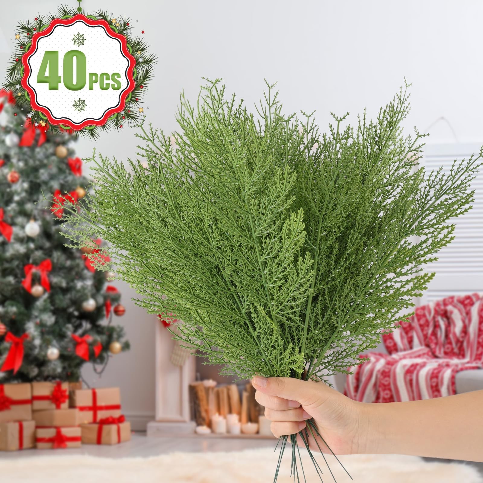 Artificial Pine Branches,40 Pcs Christmas Faux Cedar Stems, Artificial Faux C…