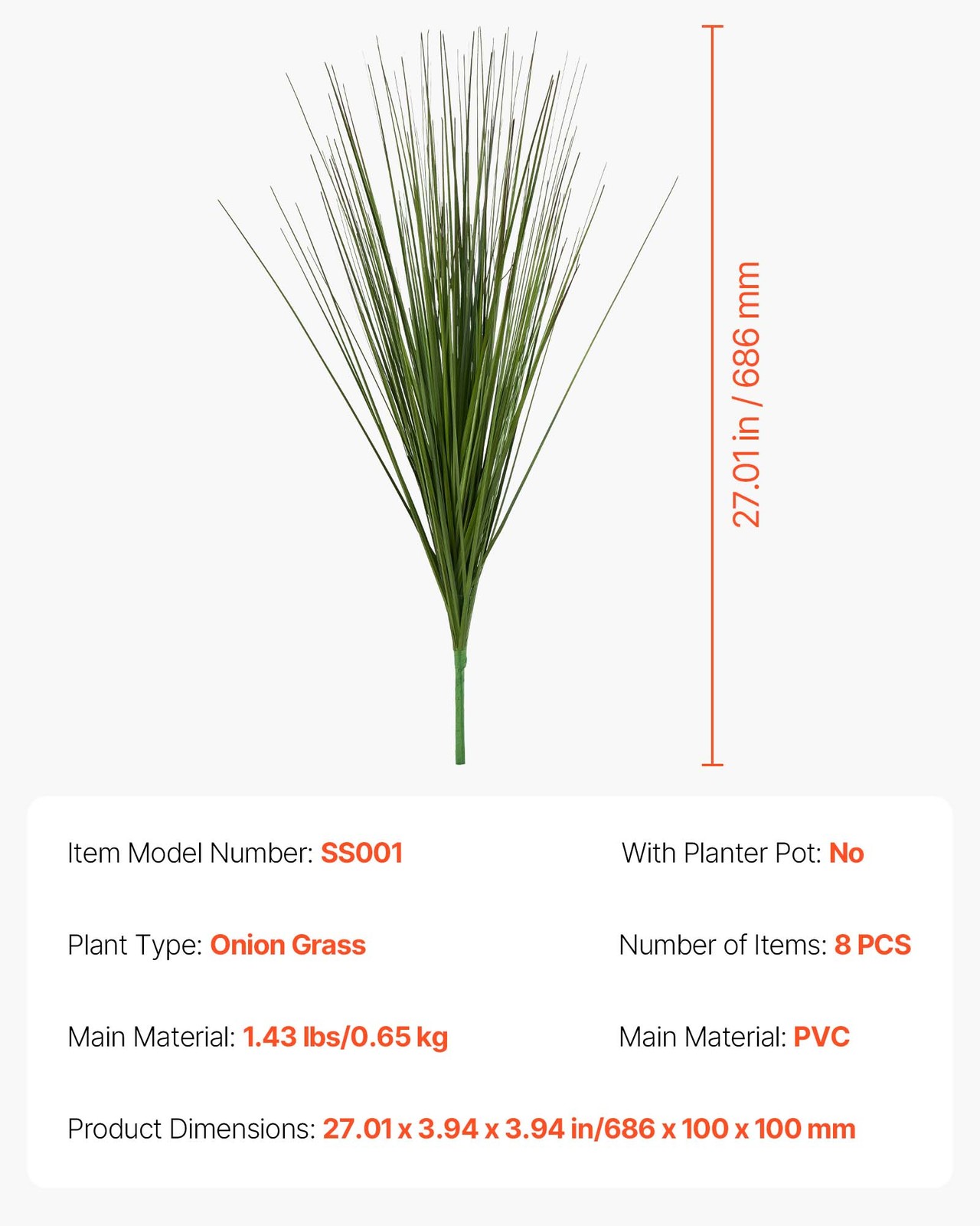VEVOR Artificial Grass Plant 27 Inch Faux Onion Grass 8 Pack Greenery Shrubs