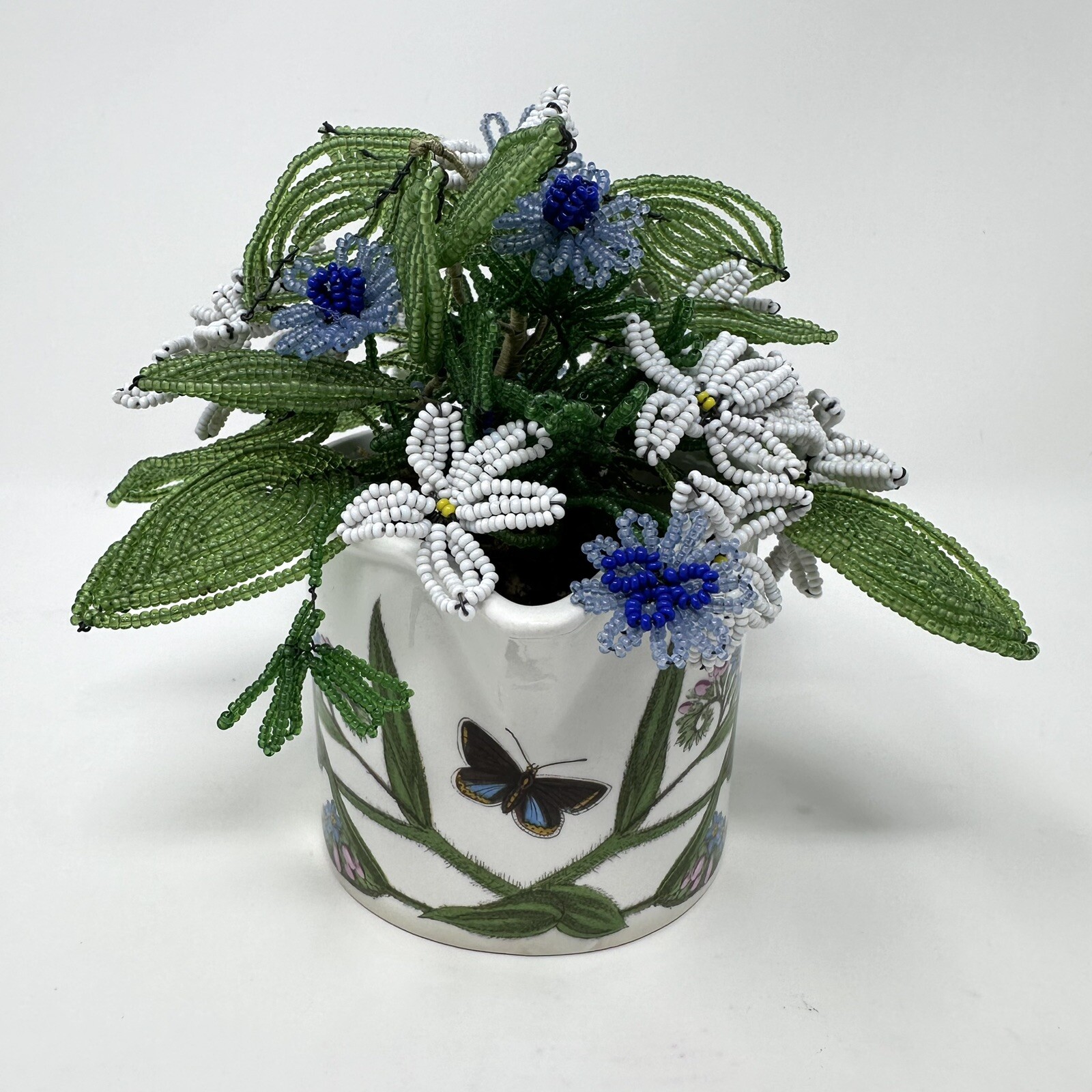Beaded Glass Flower Bouquet Forget Me Not & Portmeirion Botanic Garden Pot