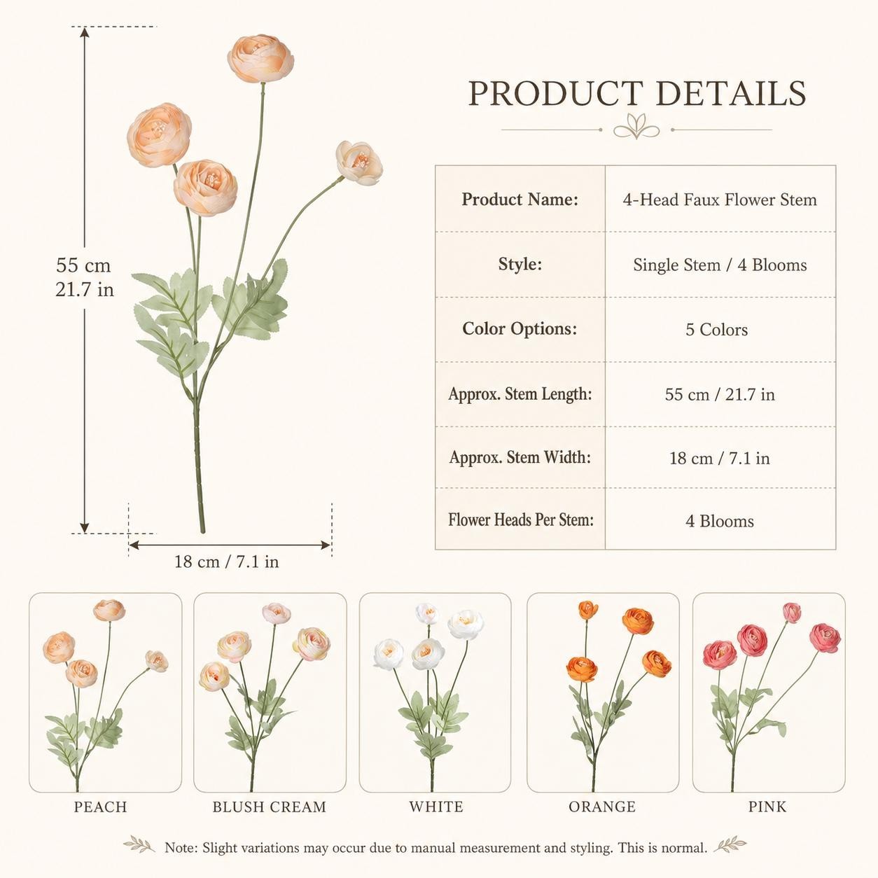 5 Pack Mixed Color 4-Head Artificial Flower Stems Faux Floral Bundle Decor