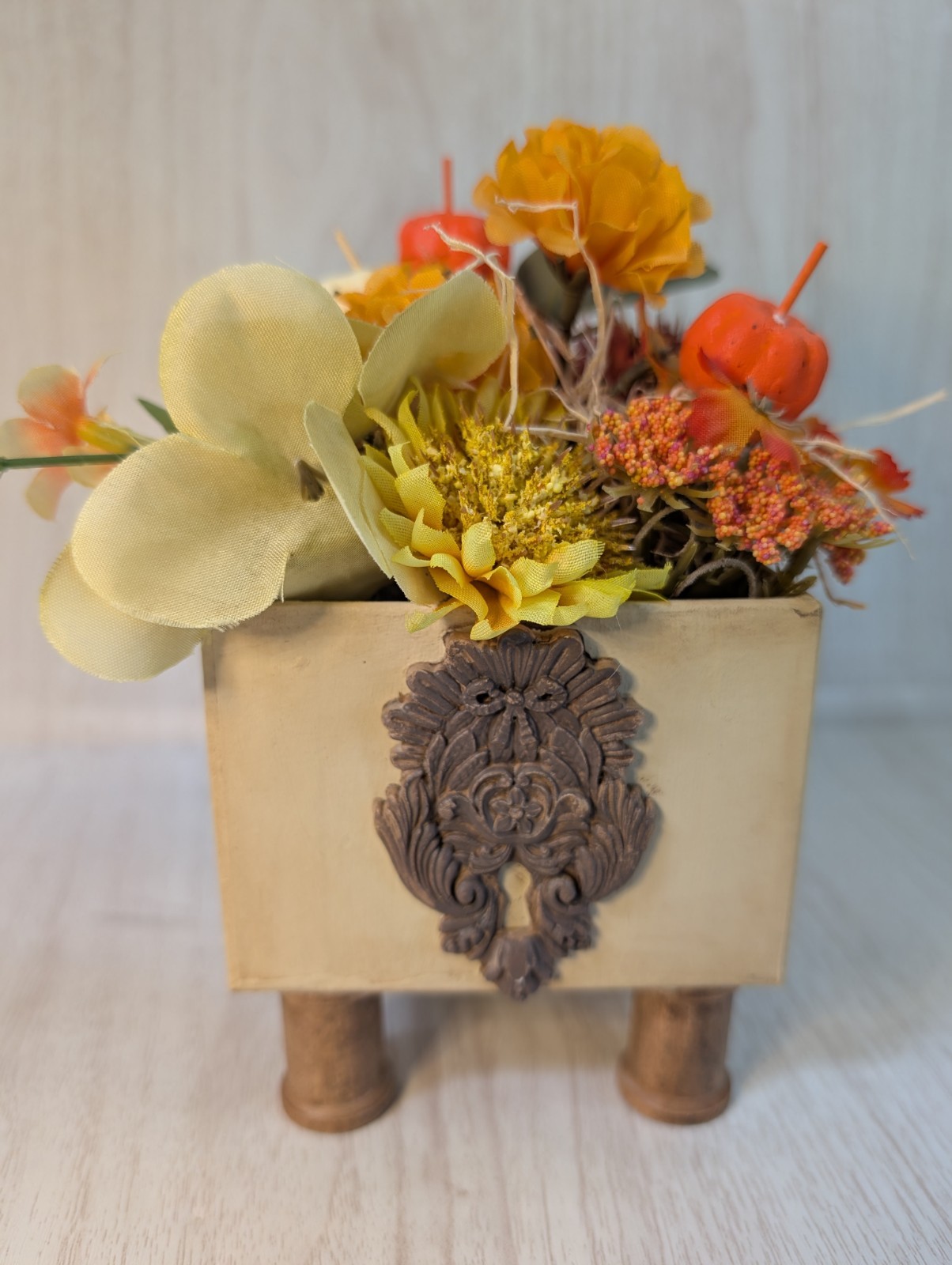 Set of 2 Handmade Fall Floral Centerpieces Rustic Farmhouse Wood Planter Decor