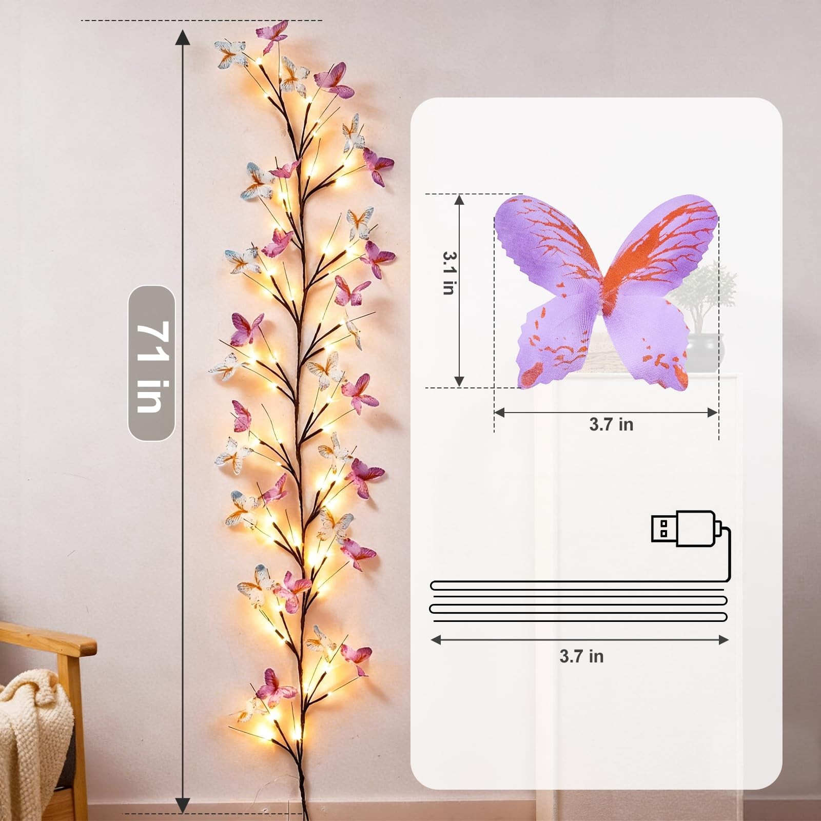 Willow Vine Wall Light 5.9ft Warm White LED with Butterfly