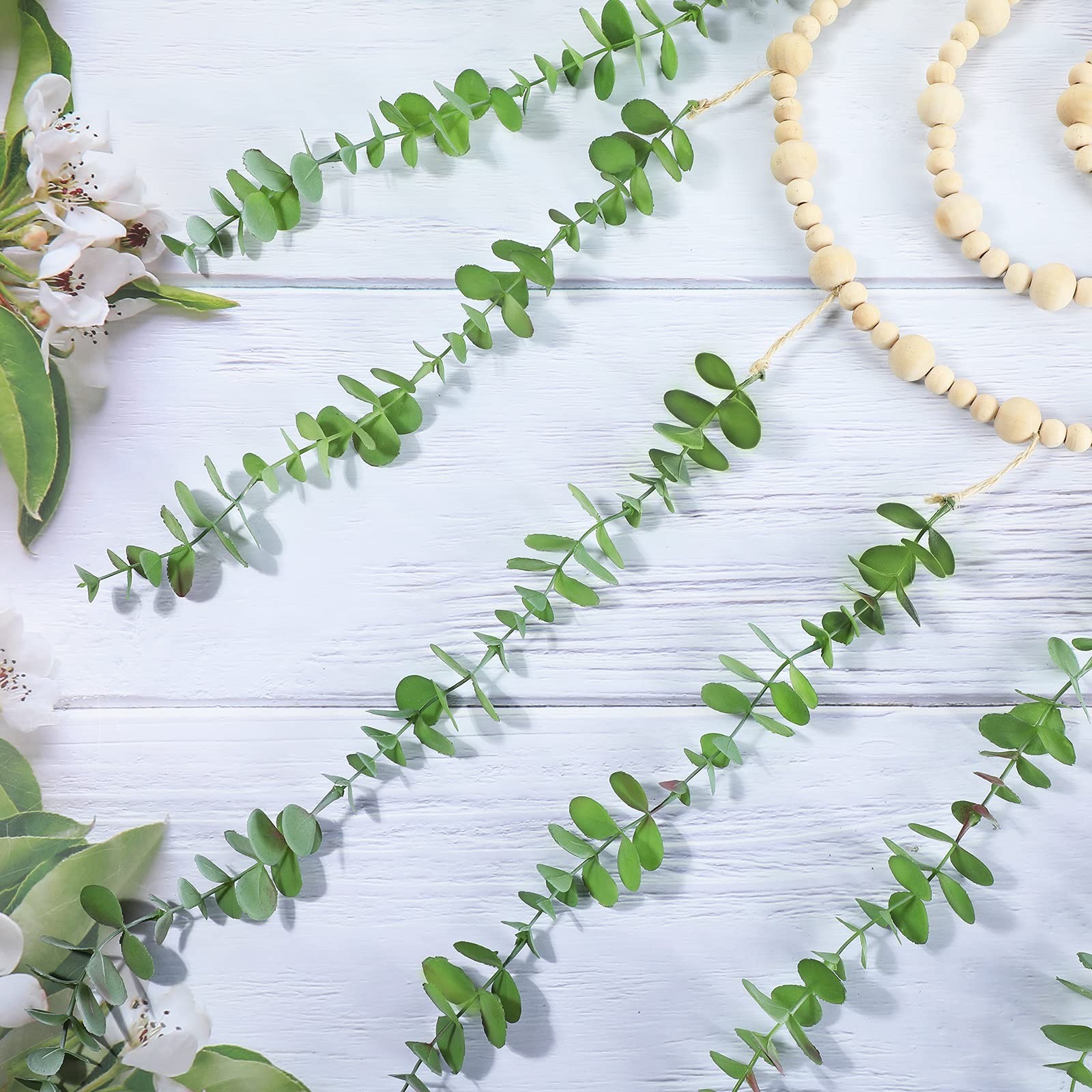 Large Boho Eucalyptus Wall Decor – 36″ Wooden Bead Garland, Greenery Hanging Art