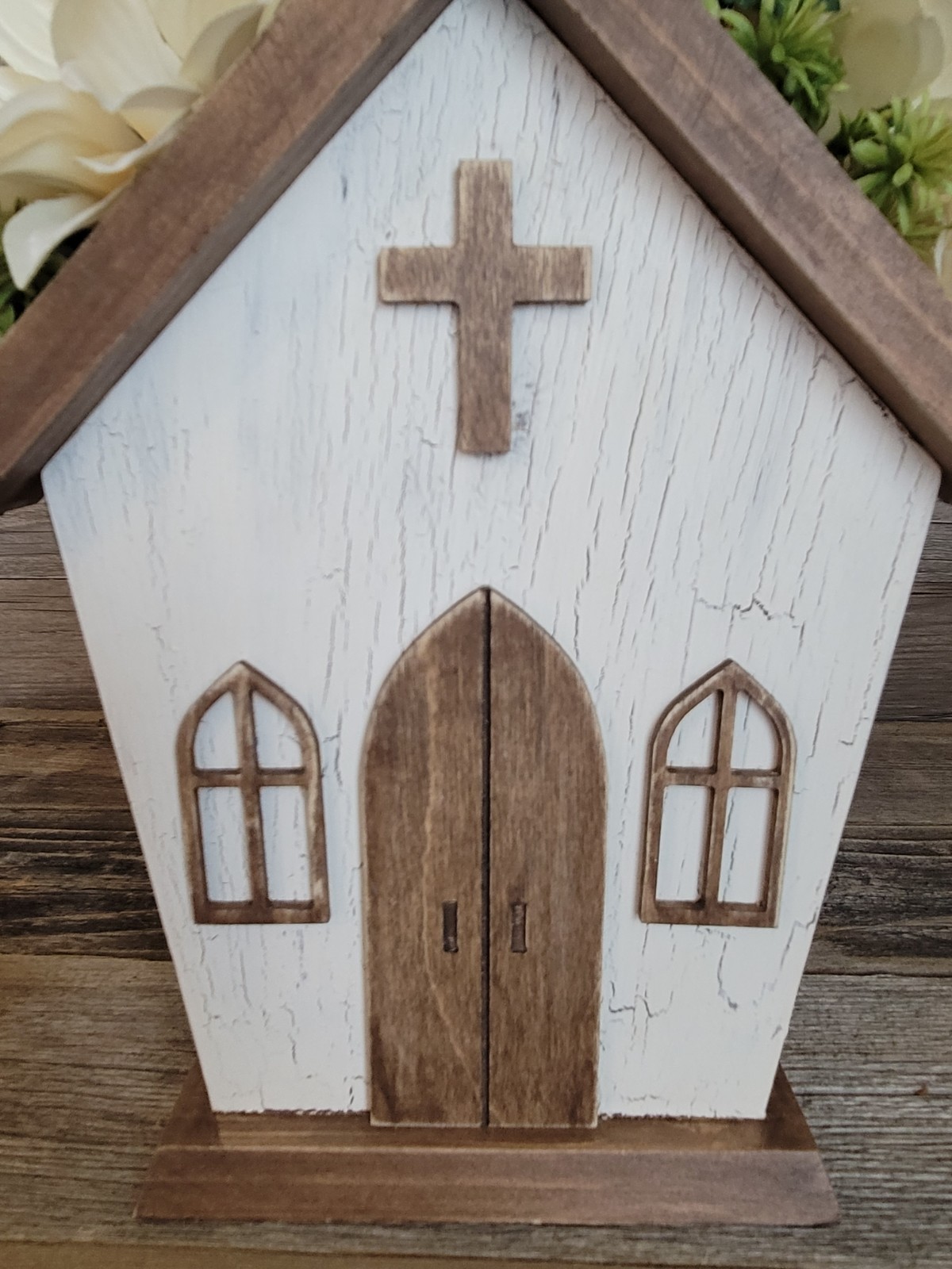 Faux Flower Arrangement Church Wood Box Decor
