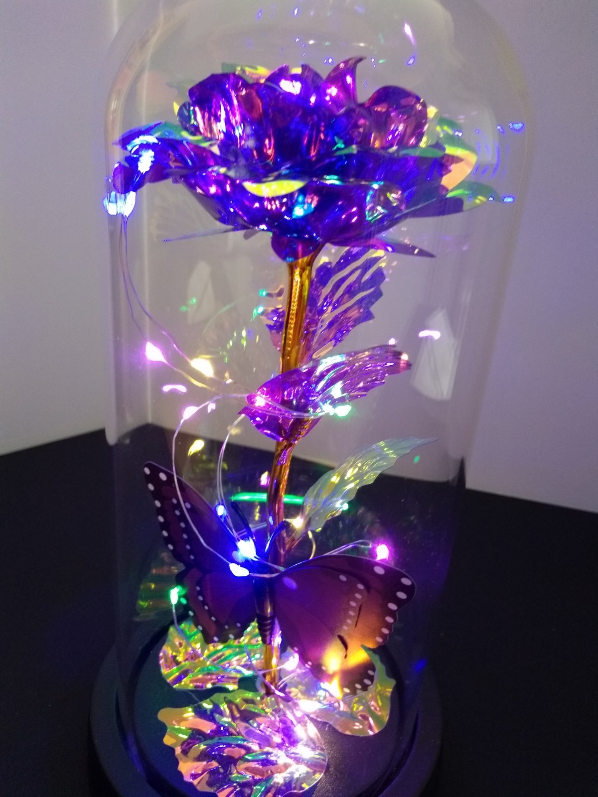 Purple Rose Gift for Women Enchanted Crystal Flower with Butterfly in Glass Dome